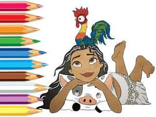 Princess Moana With Pets Coloring